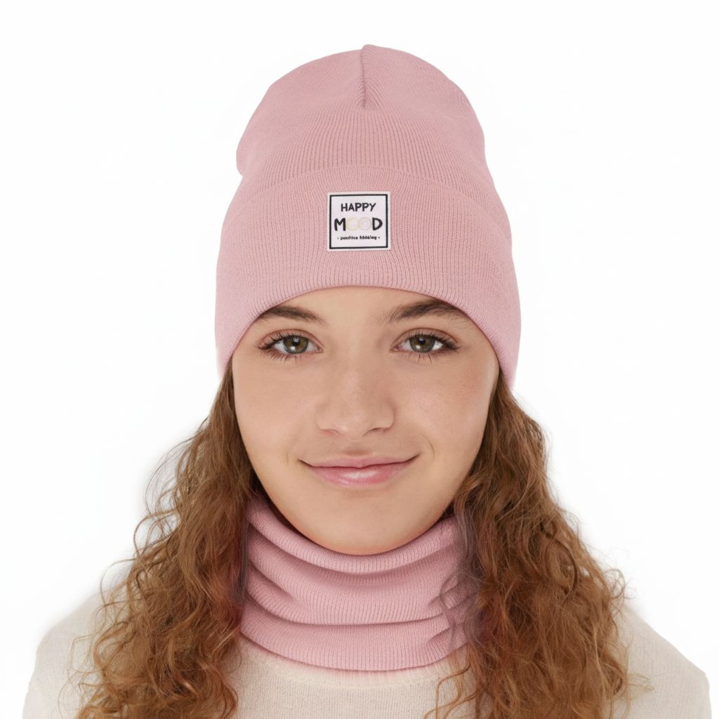 Herbst und Frühlingsset Mädchen: Mütze und Schlauchschal, mit Baumwolle, Rosa Mersila