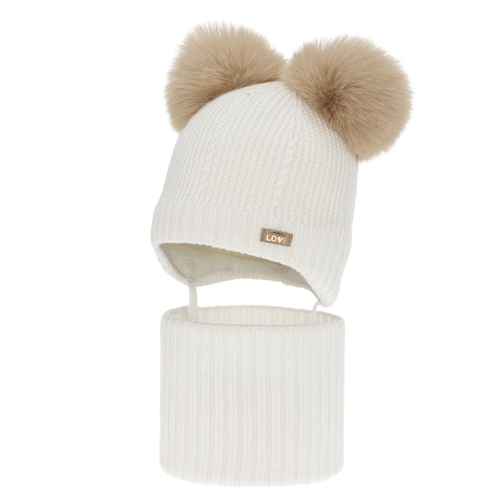 Mädchen Mütze und Schal, Winter Set, weiß, 100% Merinowolle, gefüttert mit Wollfleece, Lumia