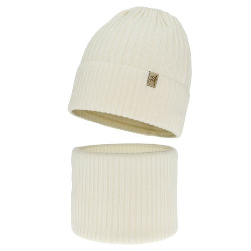 Winterset Mädchen: Mütze und Schlauchschal aus 100% Merinowolle, Cremefarben, Patricia