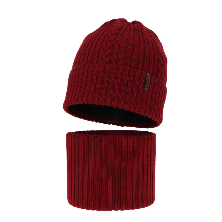 Winterset für Jungen: Mütze und Schlauchschal 100% extrafeine Merinowolle in Burgunder Wilson