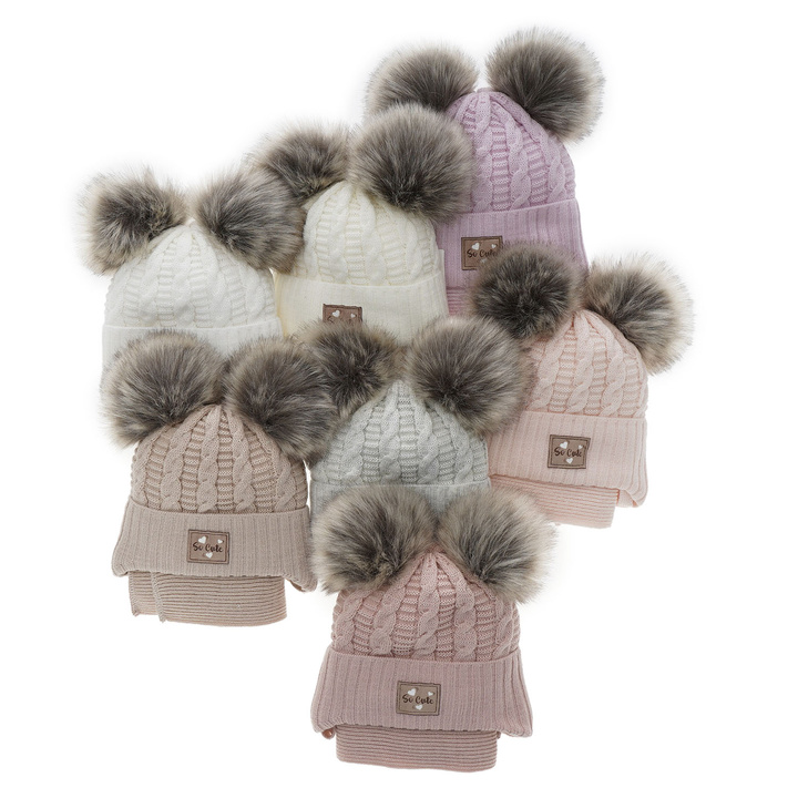 Winterset Mädchen: Mütze mit glänzendem Faden (Lurex) und Schal mit zwei Bommeln Rosa Klarita