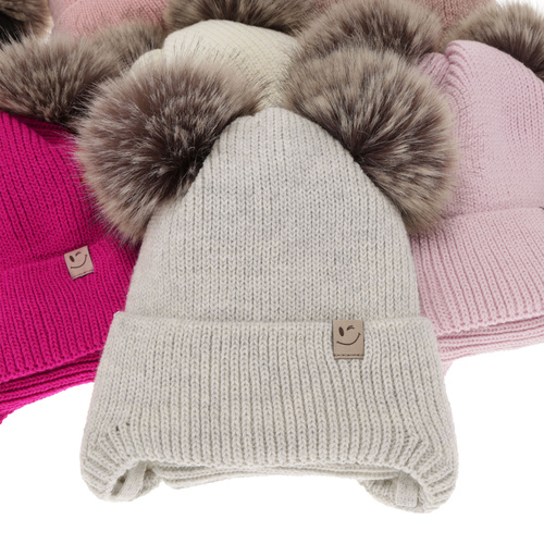 Winterset für Mädchen: Mütze und Schlauchschal mit zwei Bommeln in Beige Zori