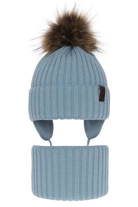 Winterset Jungen: Mütze und Schlauchschal mit Bommel Light Blau Puzel