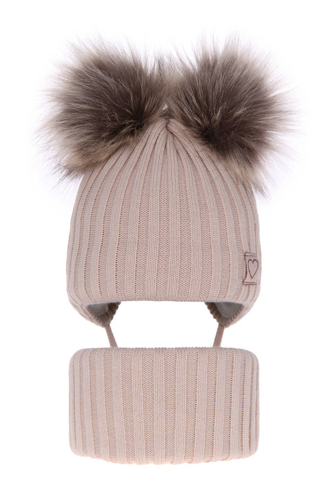 Winterset Mädchen: Mütze und Schlauchschal mit zwei Bommeln Beige Telisa