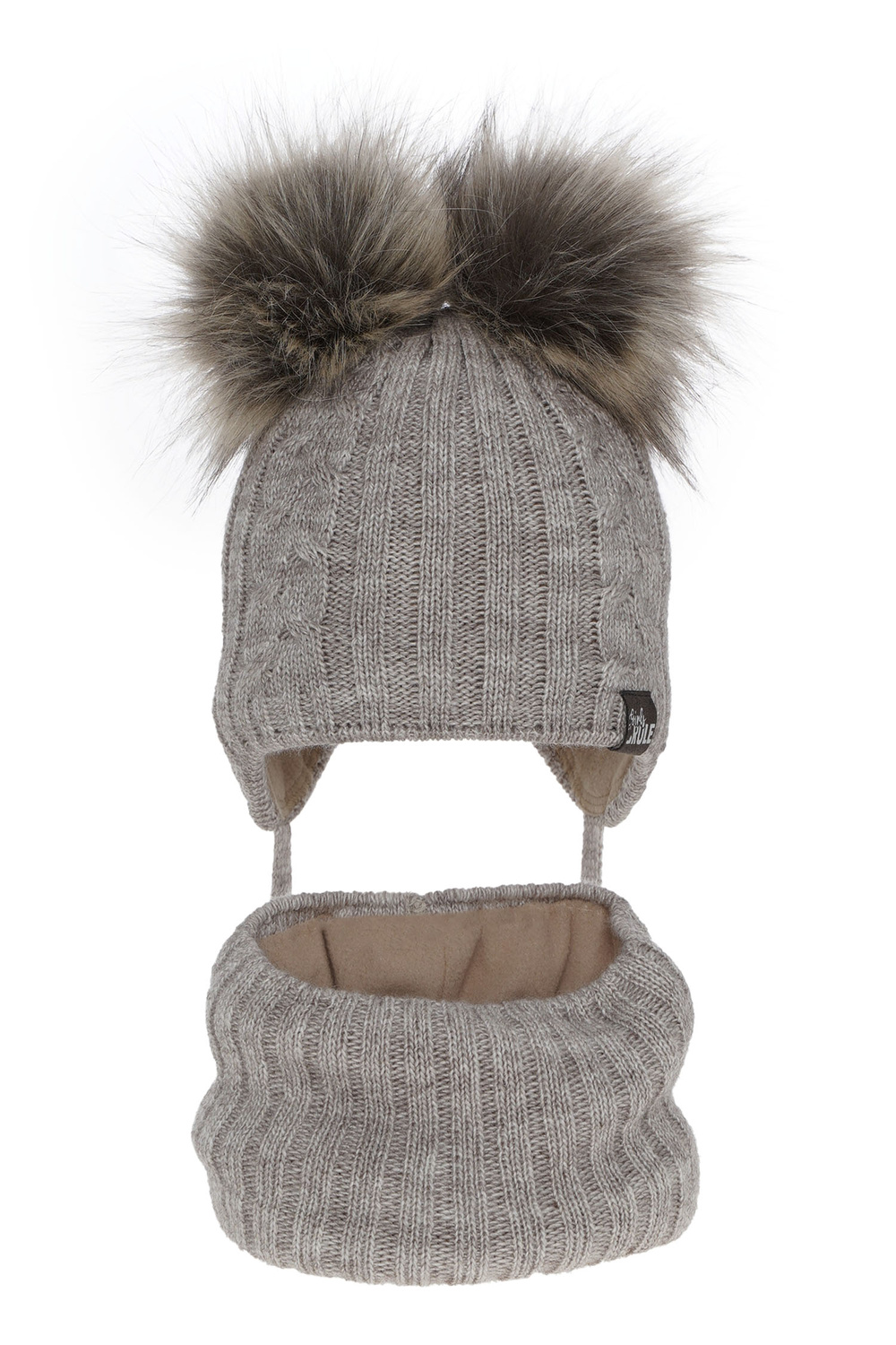 Winterset Mädchen: Mütze und Schlauchschal mit zwei Bommeln Beige Marlen