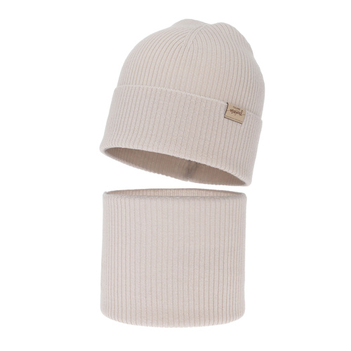 Herbst und Frühlingsset Mädchen: Mütze und Schlauchschal, beige, 100% Merinowolle, Magenta