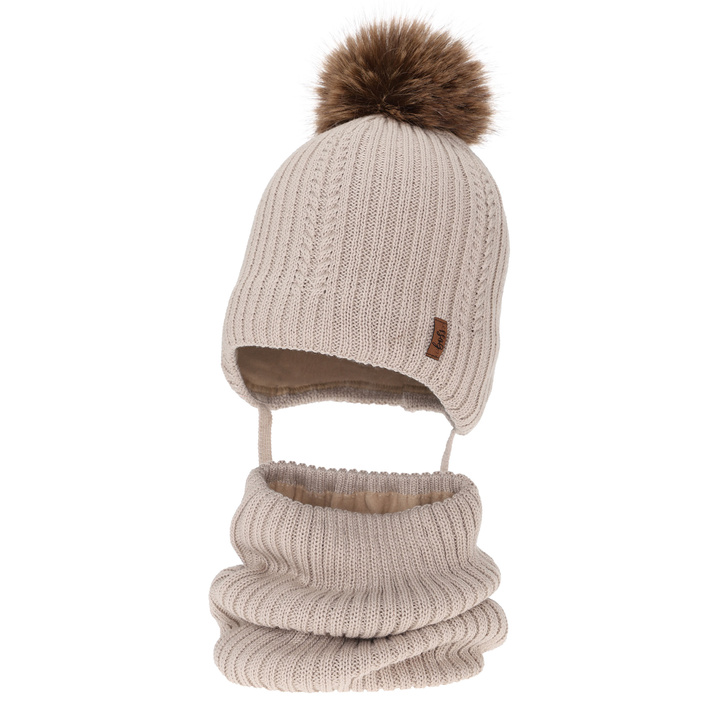 Mütze und Halswärmer für Jungen, Winter-Set, Beige, mit Merinowolle, zum Binden Zongo