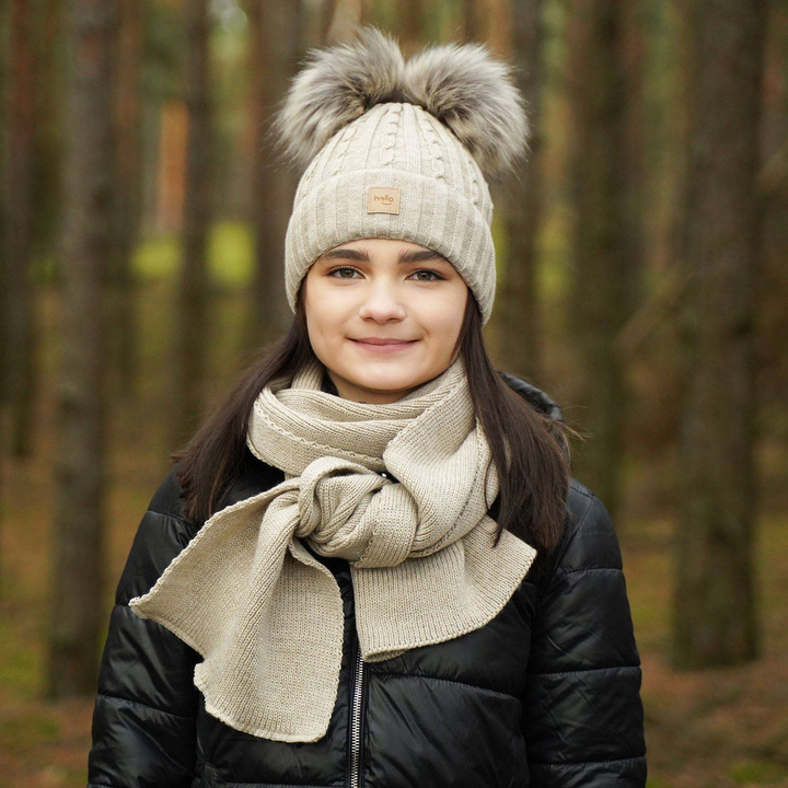Winterset Mädchen: Mütze und Schal mit zwei Bommeln Beige Zenda