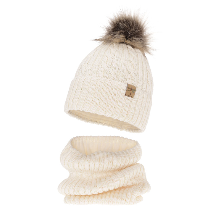 Winterset Mädchen: Mütze und Schlauchschal Merinowolle Cremefarben Aprilia