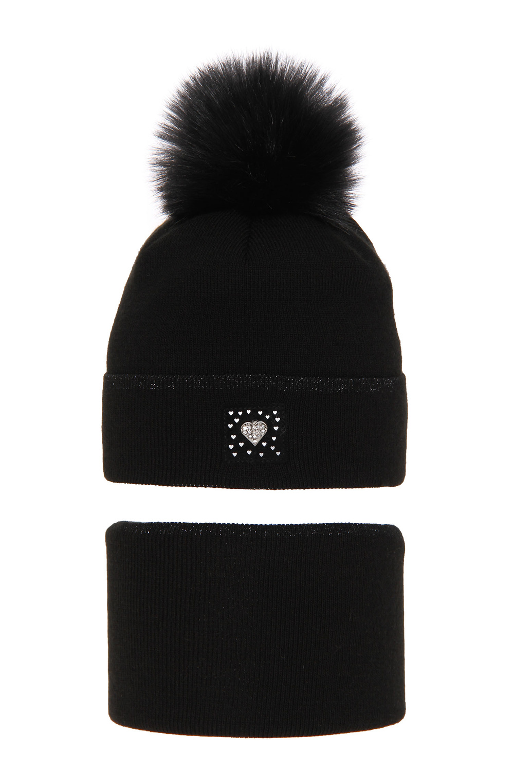 Winterset Mädchen: Mütze und Schlauchschal mit Bommel Schwarz Sendi