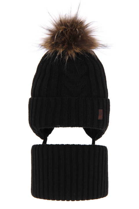 Winterset Jungen: Mütze und Schlauchschal mit Bommel Schwarz Kongo
