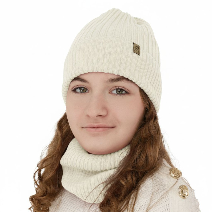 Winterset Mädchen: Mütze und Schlauchschal aus 100% Merinowolle, Weiß, Patricia
