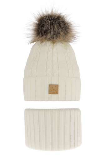 Winterset Mädchen: Mütze und Schlauchschal mit Bommel Cremefarben Alexia