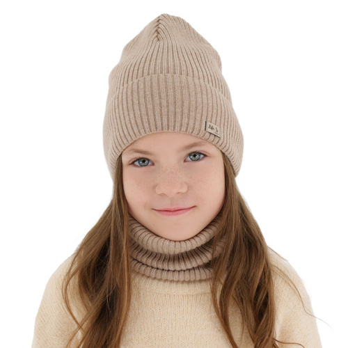 Herbst und Frühlingsset Mädchen: Mütze und Schlauchschal 100% extrafeine Merinowolle Beige Itra
