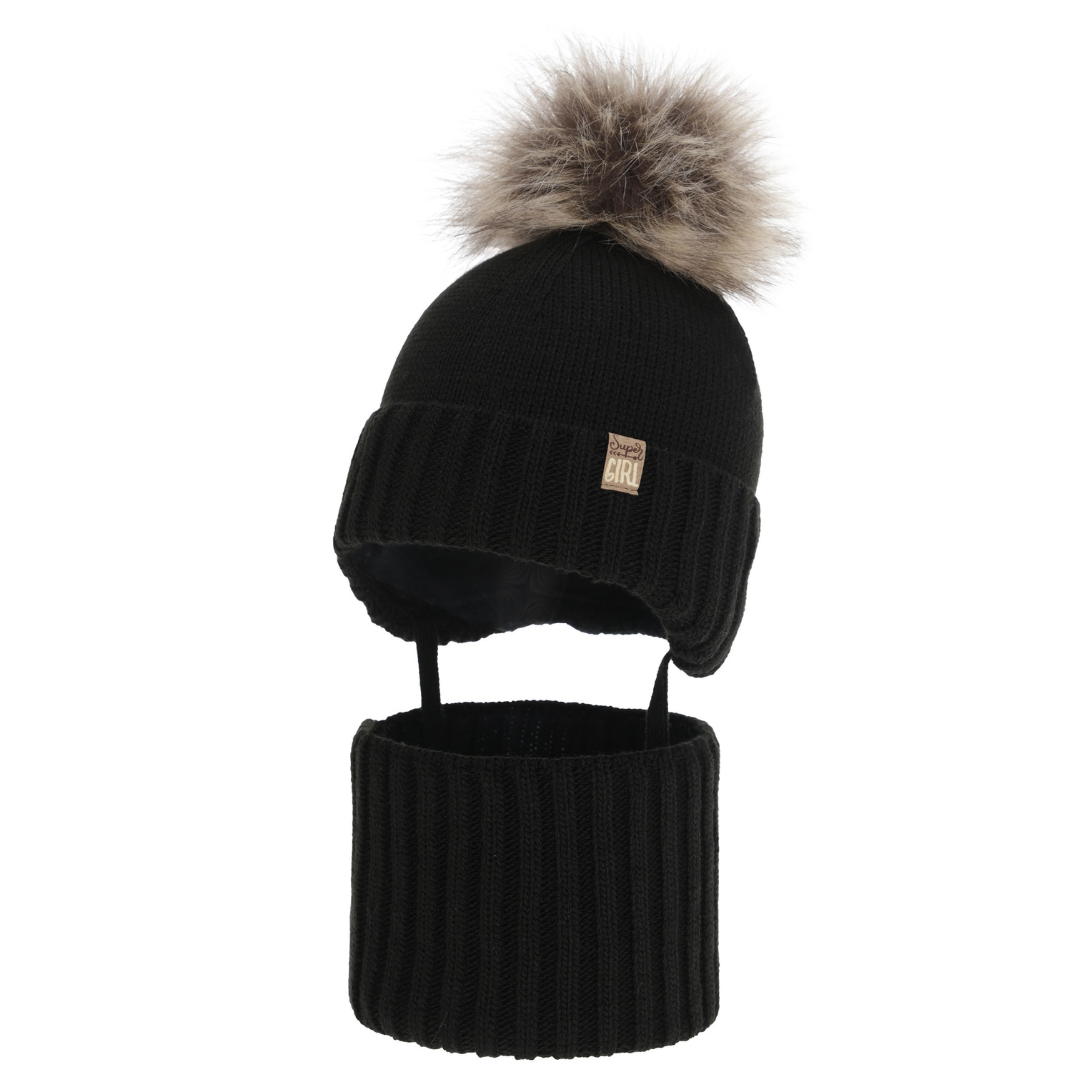 Winterset Mädchen: Mütze und Schlauchschal, Winter, schwarz, mit Bommel, Primula