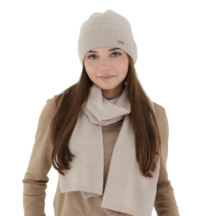 Winterschal Damen, Winter, hellbeige, mit Merinowolle und Kaschmir, Irenia