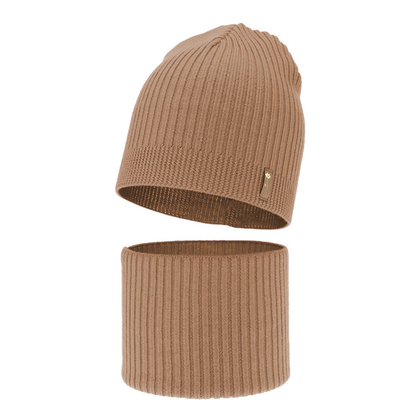 Herbst und Frühlingsset Mädchen: Mütze und Schlauchschal 100% extrafeine Merinowolle Camel Chelsie