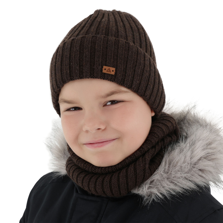 Winterset Jungen: Mütze und Schlauchschal, braun, 100% Merinowolle, Umberto