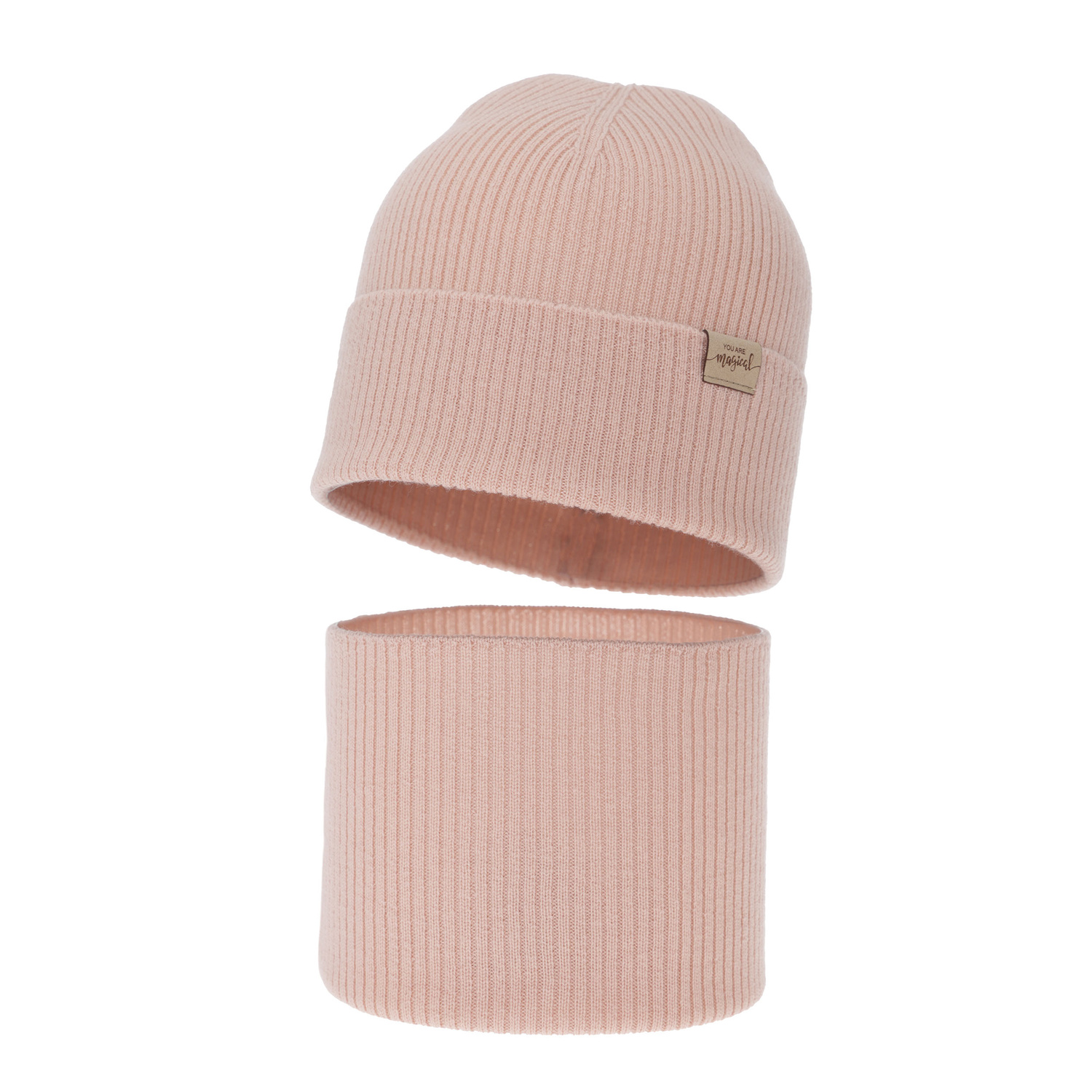 Herbst und Frühlingsset Mädchen: Mütze und Schlauchschal, cremeweiß, 100% Merinowolle, Magenta