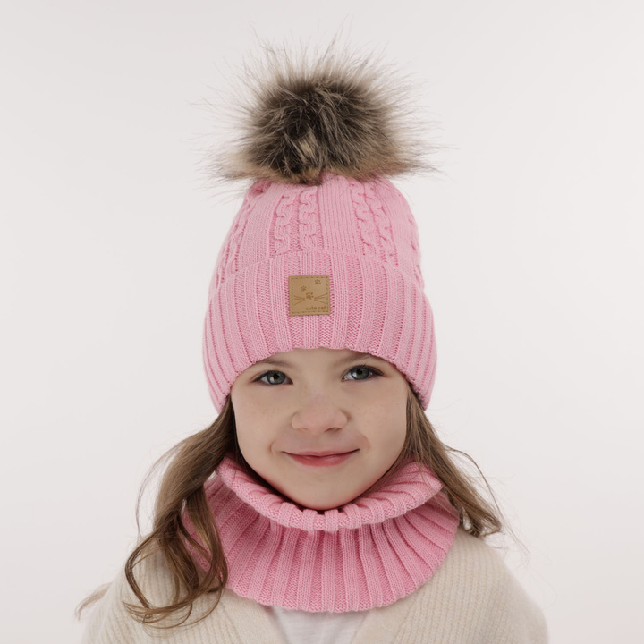Winterset Mädchen: Mütze und Schlauchschal mit Bommel Beige Alexia