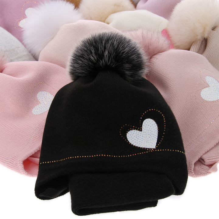 Winterset Mädchen: Mütze und Schlauchschal mit Bommel Schwarz Anna