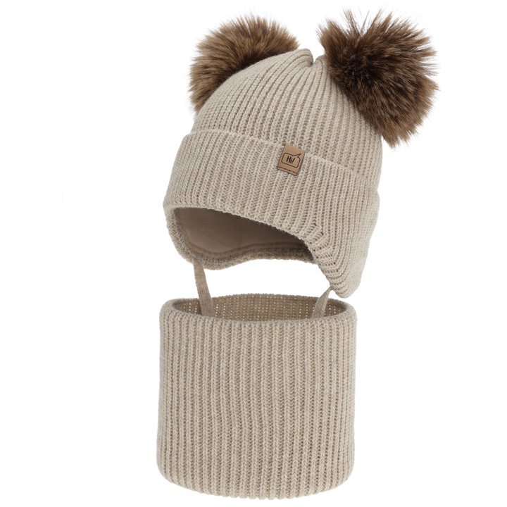 Winterset Jungen: Mütze und Schlauchschal, Winter, beige, mit zwei Bommeln, Zorven