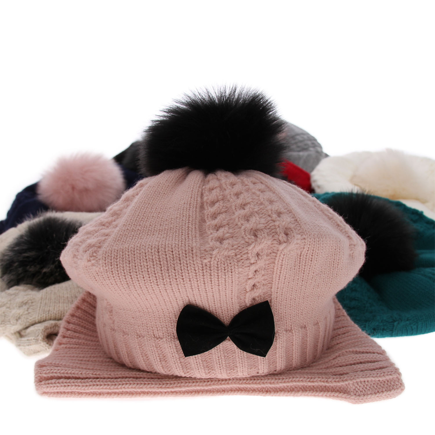 Winterset Mädchen: Mütze und Schlauchschal mit Bommel Rosa Amora