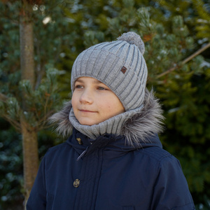 Winterset Jungen: Mütze und Schlauchschal mit Bommel Grau Wiliam
