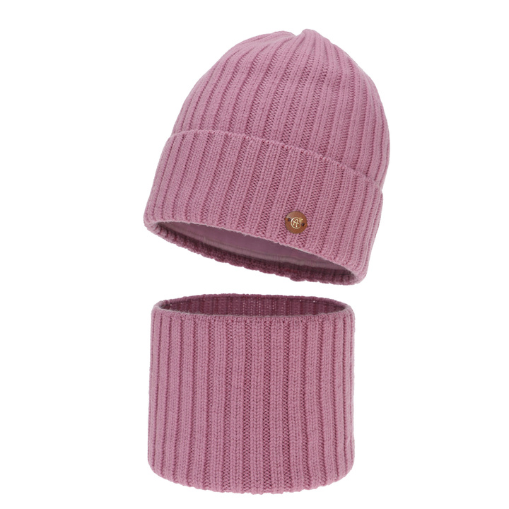 Winterset Mädchen: Mütze und Schlauchschal, rosa, 100% Merinowolle, Baumwollfutter, Vanira