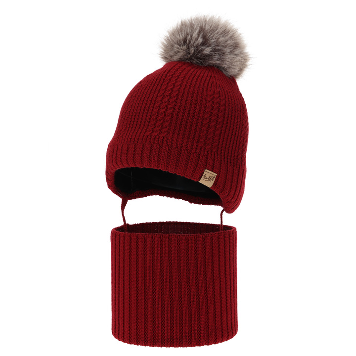 Jungen Mütze und Schal, Winter Set, bordeaux, 100% Merinowolle, gefüttert mit Wollfleece, zum Binden Danny