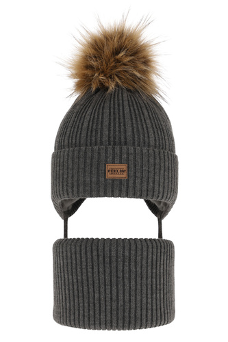 Winterset für Jungen: Mütze und Schlauchschal mit Bommel in Grau Eger