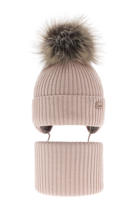 Winterset für Mädchen: Mütze und Schlauchschal mit Bommel in Beige Bria