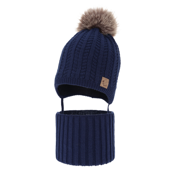 Winterset für Jungen: Mütze und Schlauchschal mit Bommel in Navy Blau Endo