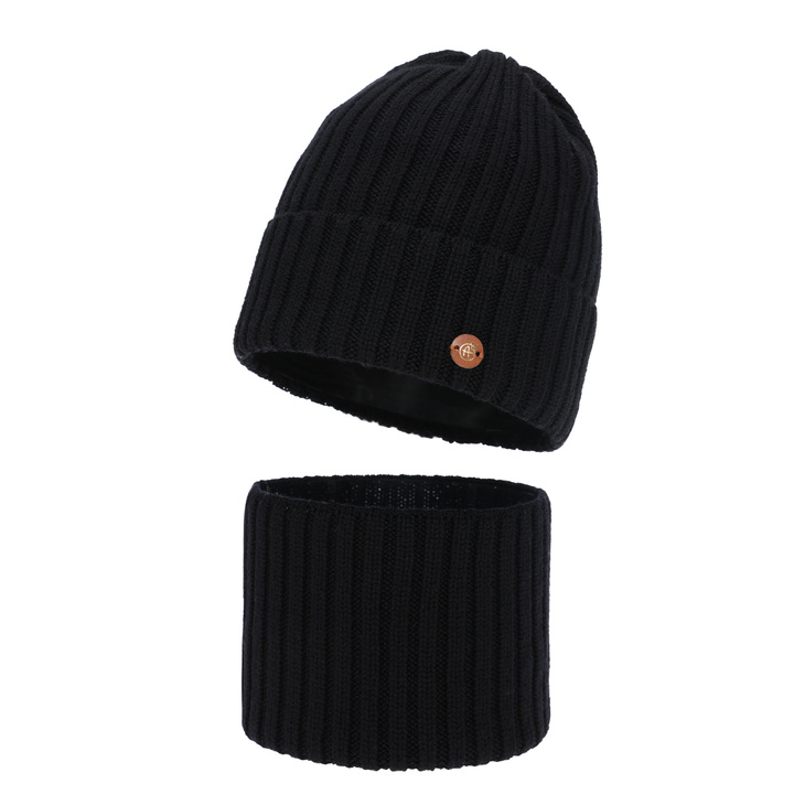 Winterset Mädchen: Mütze und Schlauchschal, schwarz, 100% Merinowolle, Baumwollfutter, Vanira
