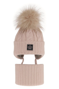 Winterset Mädchen: Mütze und Schlauchschal mit Bommel Beige Tigra