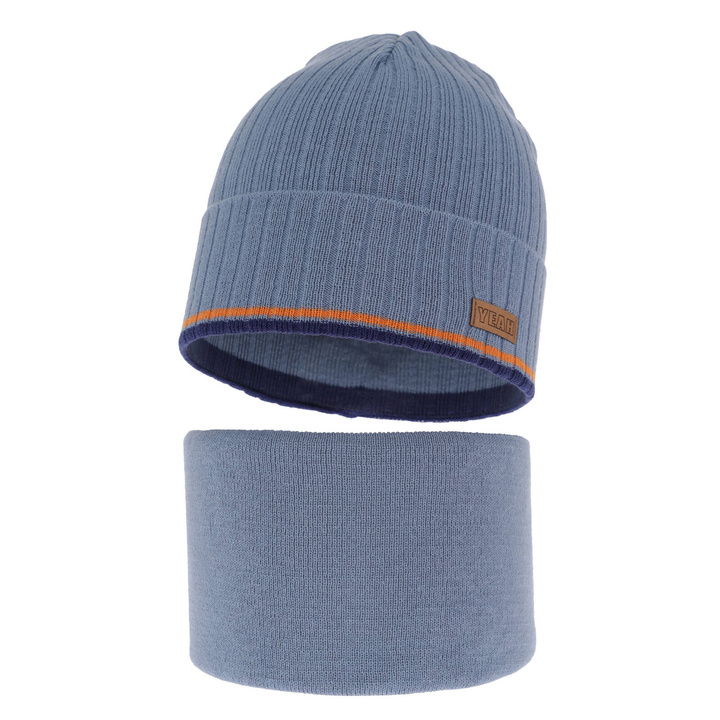 Herbst und Frühlingsset Jungen: Mütze und Schlauchschal, mit Baumwolle, Blau London