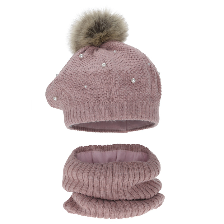 Winterset Mädchen: Beret und Schlauchschal, Fleecefutter, rosa, mit Bommel, Jeanette