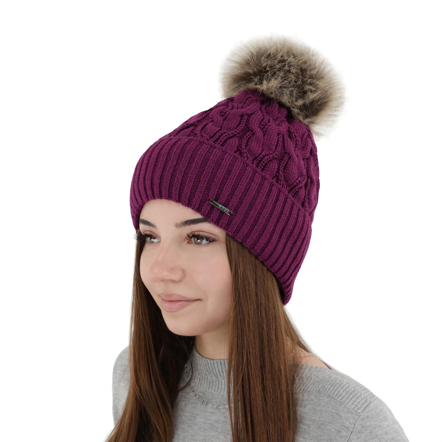 Wintermütze Damen mit Bommel Violett Deva