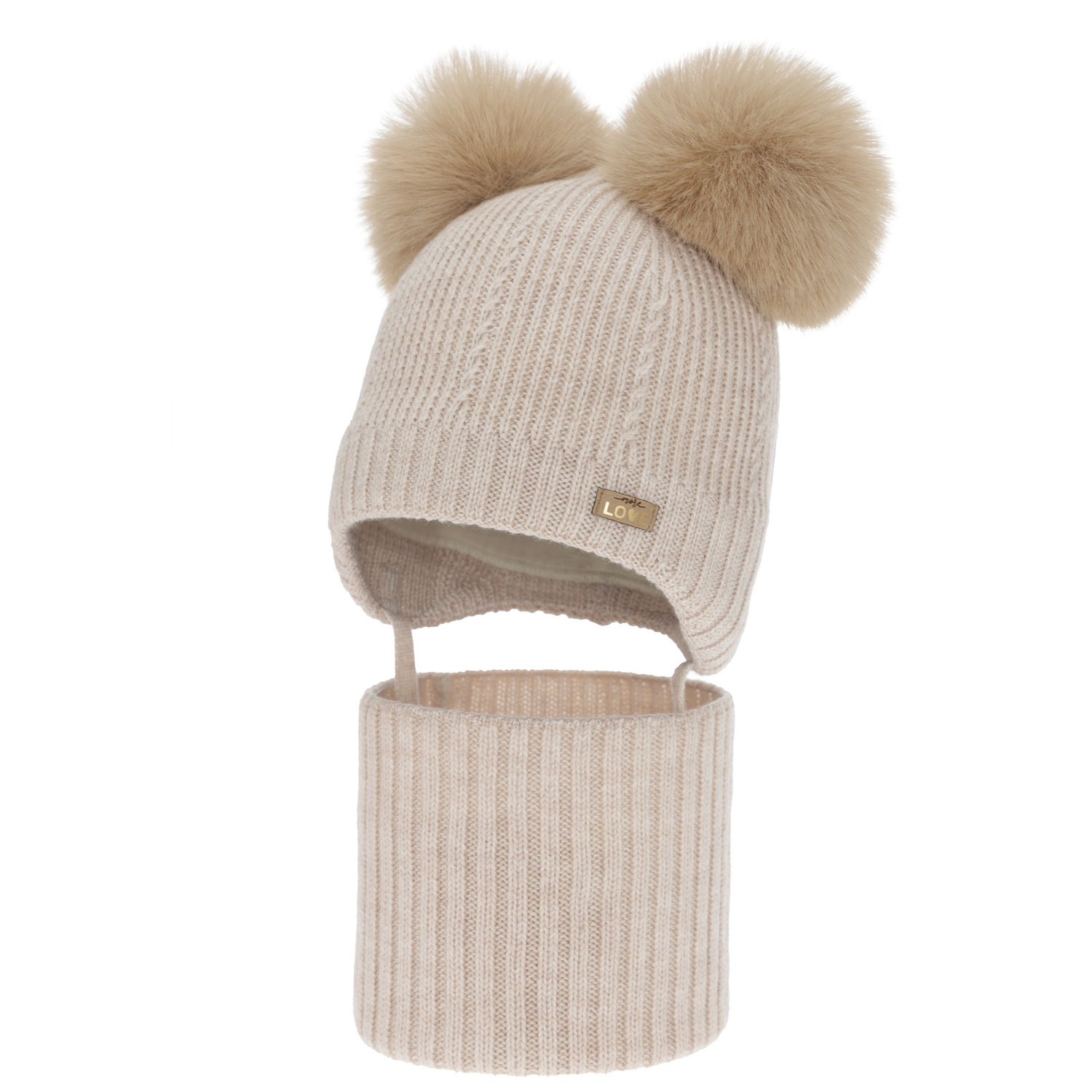 Mädchen Mütze und Schal, Winter Set, beige, 100% Merinowolle, gefüttert mit Wollfleece, Lumia