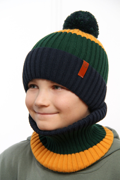 Winterset Jungen: Mütze und Schlauchschal mit Bommel Navy Blau Karson