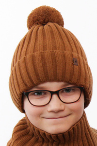 Winterset Jungen: Mütze und Schlauchschal mit Bommel Senffarben Wiliam