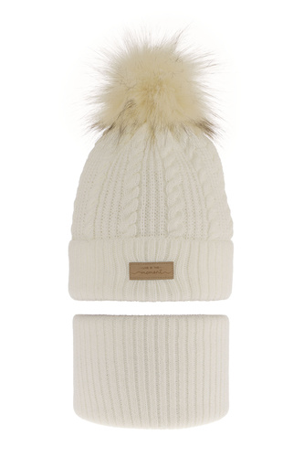 Winterset Mädchen: Mütze und Schlauchschal mit Bommel in Cremefarben Alika 