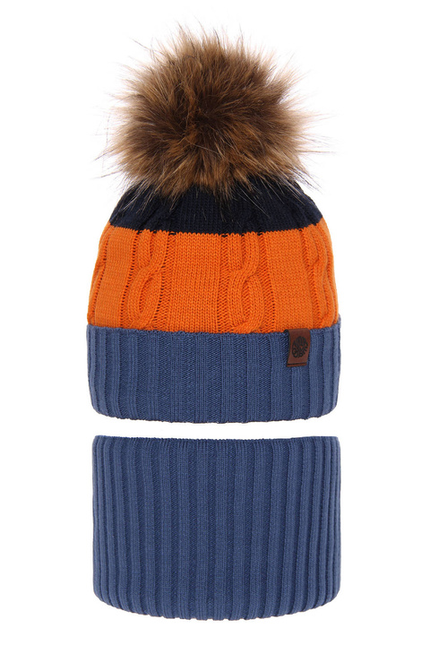 Winterset Jungen: Mütze und Schlauchschal mit Bommel Blau Karmel