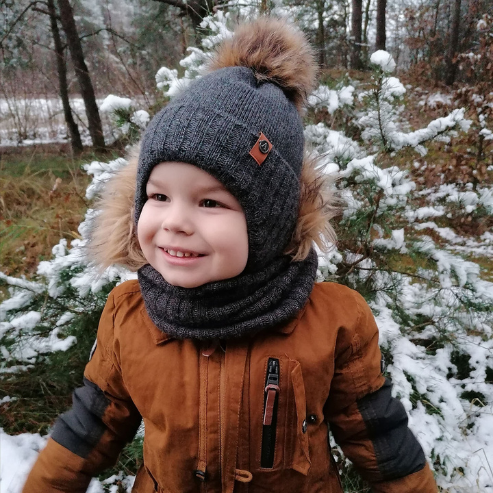Winterset Jungen: Mütze und Schlauchschal mit Bommel Blau Dominik