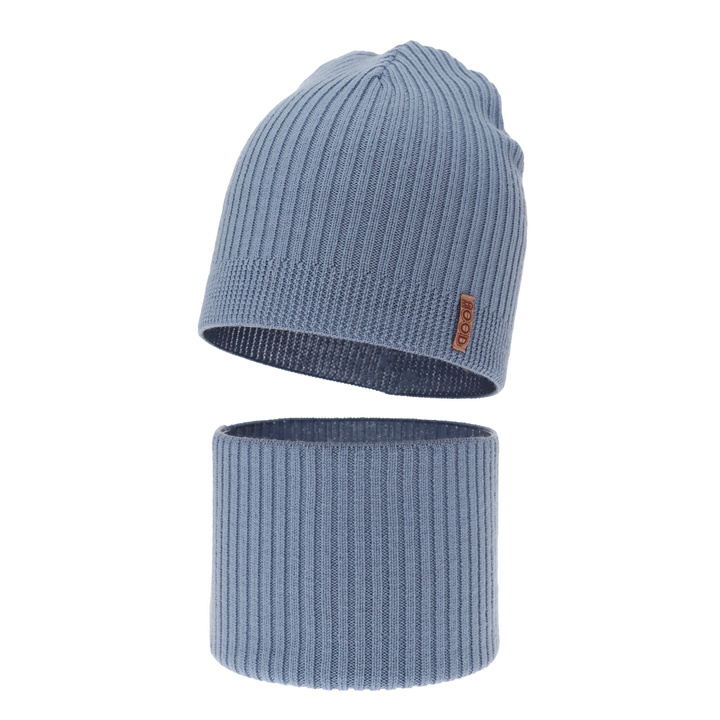 Herbst und Frühlingsset Jungen: Mütze und Schlauchschal 100% extrafeine Merinowolle Blau Chester