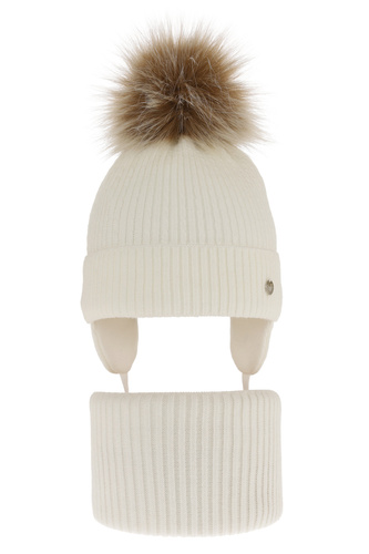 Winterset für Mädchen: Mütze und Schlauchschal mit Bommel in Cremefarben Debra