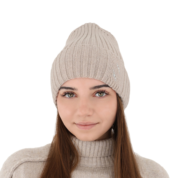 Wintermütze Damen 100% extrafeine Merinowolle Beige Ariga