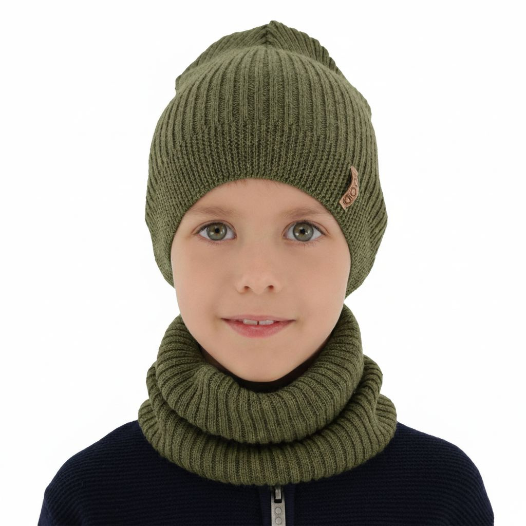 Herbst und Frühlingsset Jungen: Mütze und Schlauchschal 100% extrafeine Merinowolle Khaki Chester
