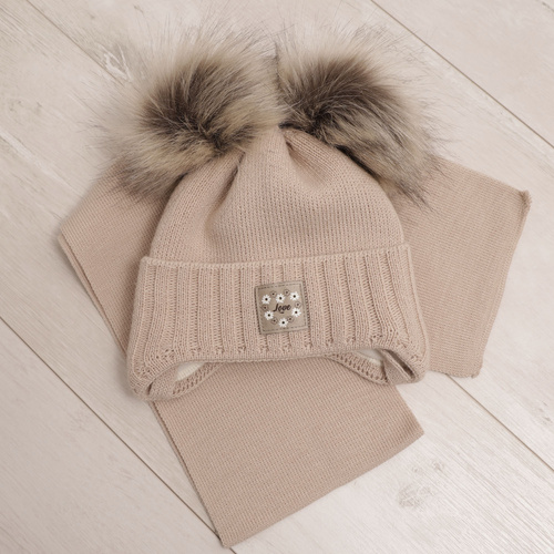 Winterset Mädchen: Mütze und Schal mit zwei Bommeln Beige Jazz