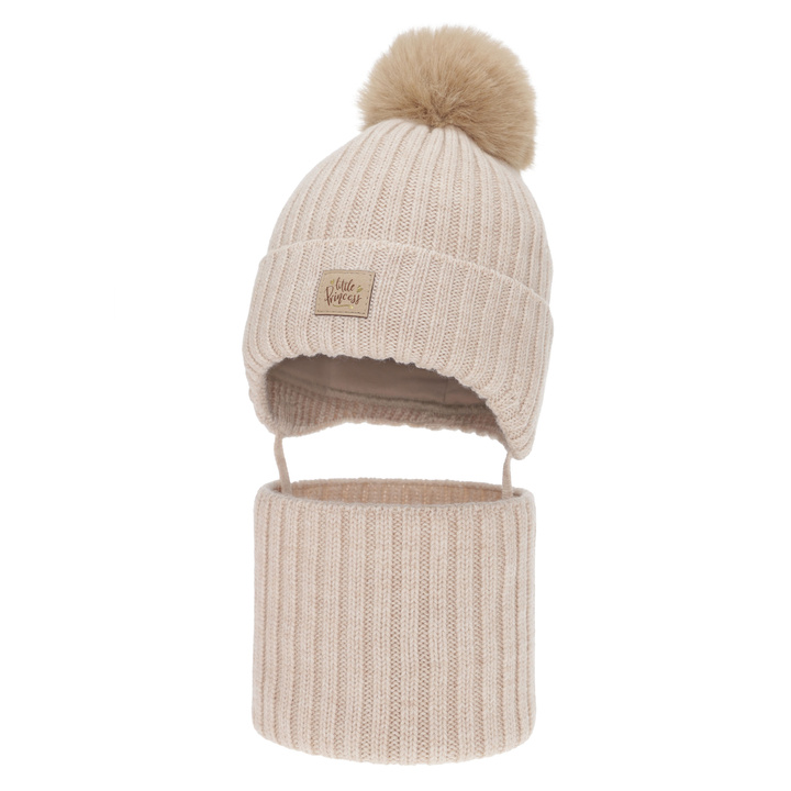 Winterset Mädchen: Mütze und Schlauchschal, beige, 100% Merinowolle, gebunden, Baumwollfutter, Malesia